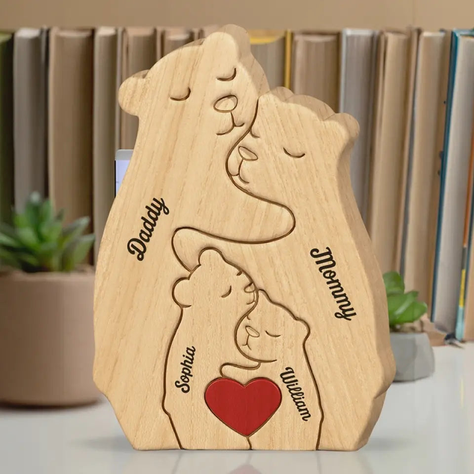I Love My Family - Family Personalized Custom Bear Shaped Wooden Art Puzzle