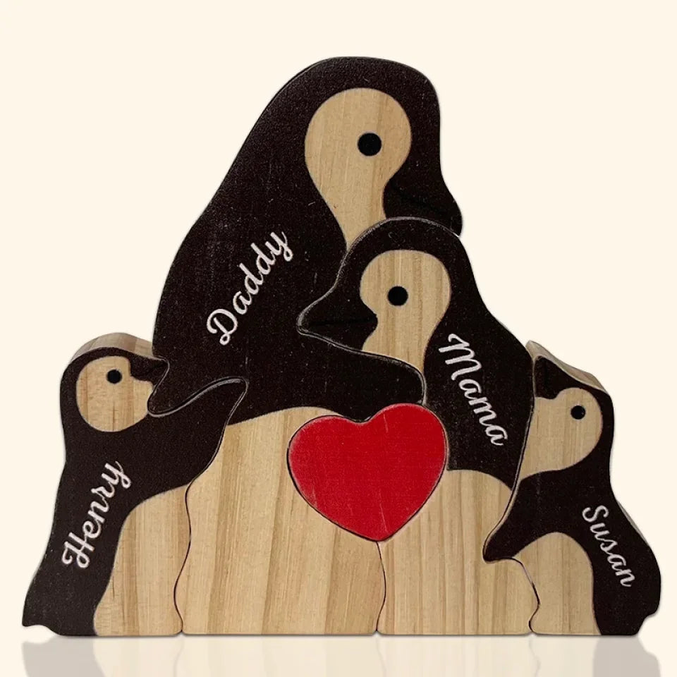 Two Hearts, One Snowy Journey - Family Personalized Custom Penguin Shaped Wooden Art Puzzle 