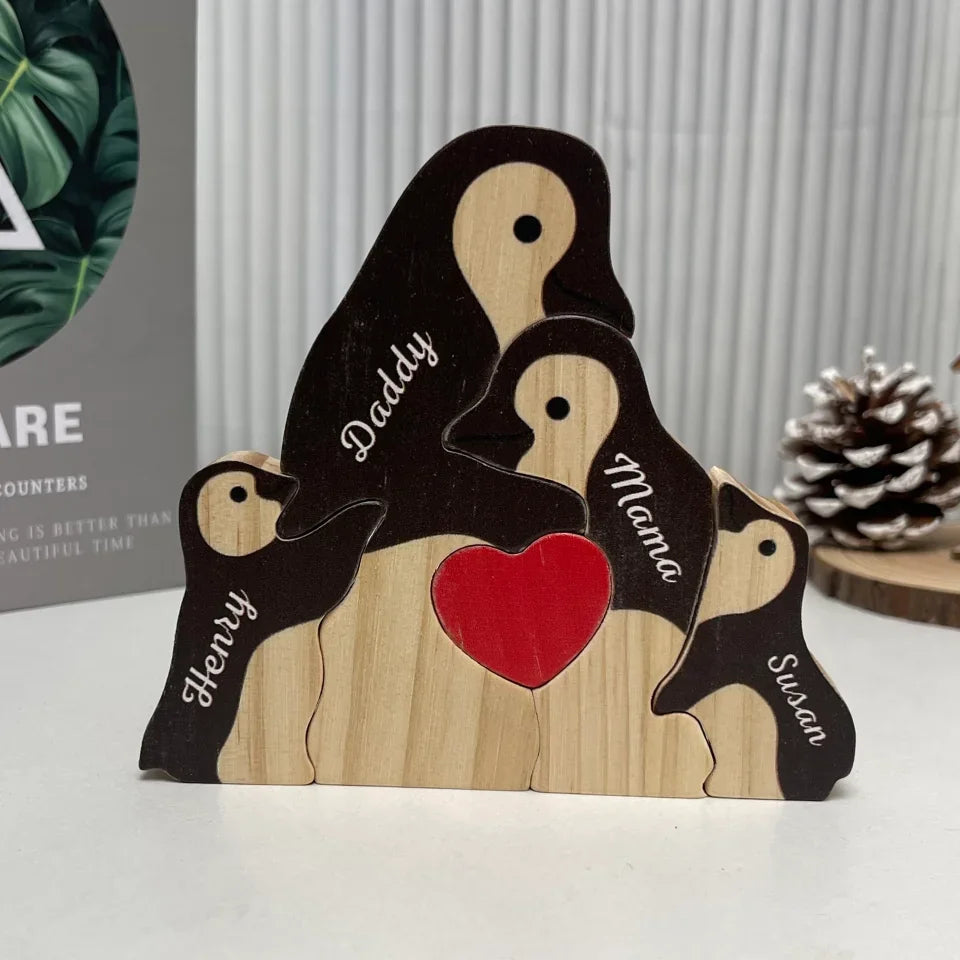 Two Hearts, One Snowy Journey - Family Personalized Custom Penguin Shaped Wooden Art Puzzle 