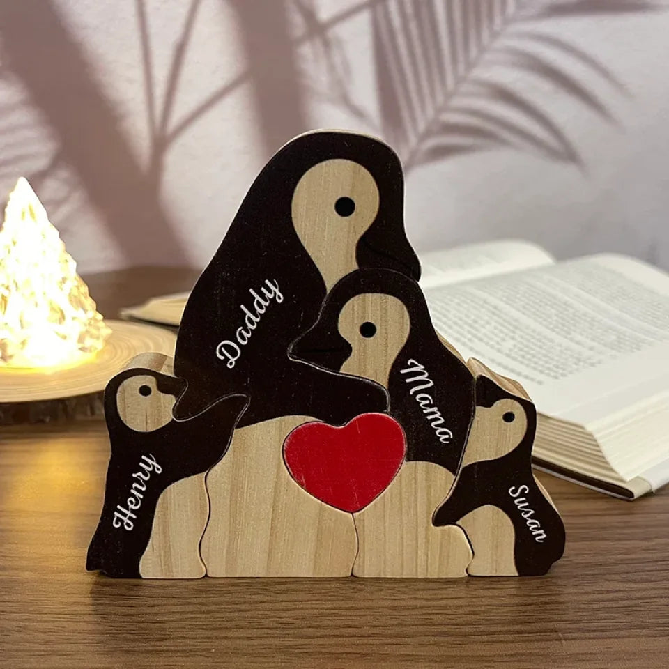 Two Hearts, One Snowy Journey - Family Personalized Custom Penguin Shaped Wooden Art Puzzle 