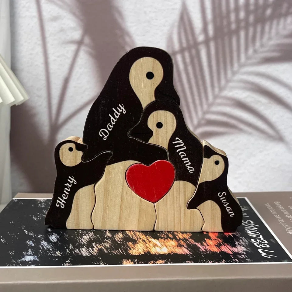 Two Hearts, One Snowy Journey - Family Personalized Custom Penguin Shaped Wooden Art Puzzle 