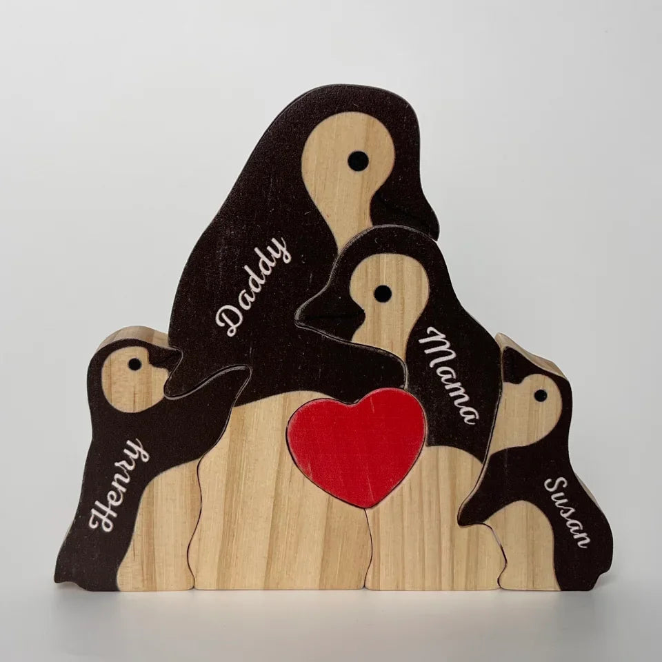 Two Hearts, One Snowy Journey - Family Personalized Custom Penguin Shaped Wooden Art Puzzle 