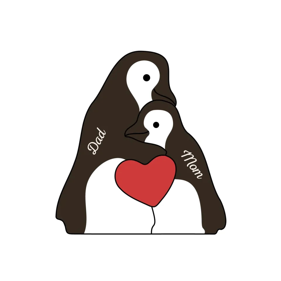 Two Hearts, One Snowy Journey - Family Personalized Custom Penguin Shaped Wooden Art Puzzle 