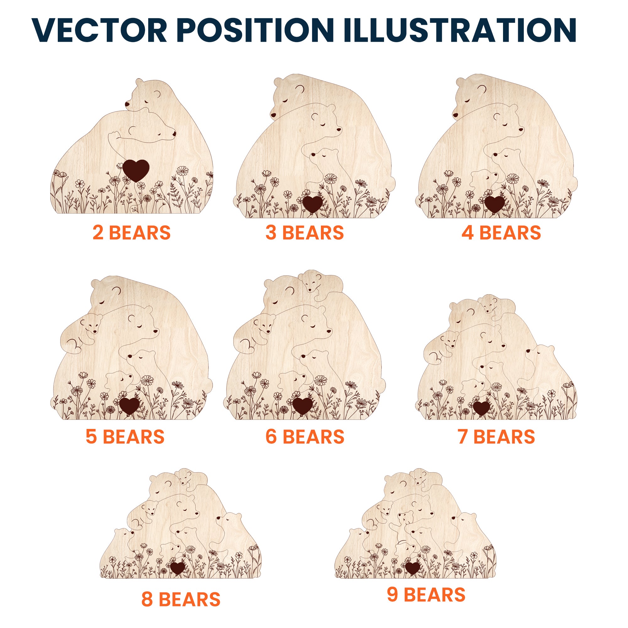 Hugging Bear Family Floral Version - Personalized Wooden Bear Family Puzzle