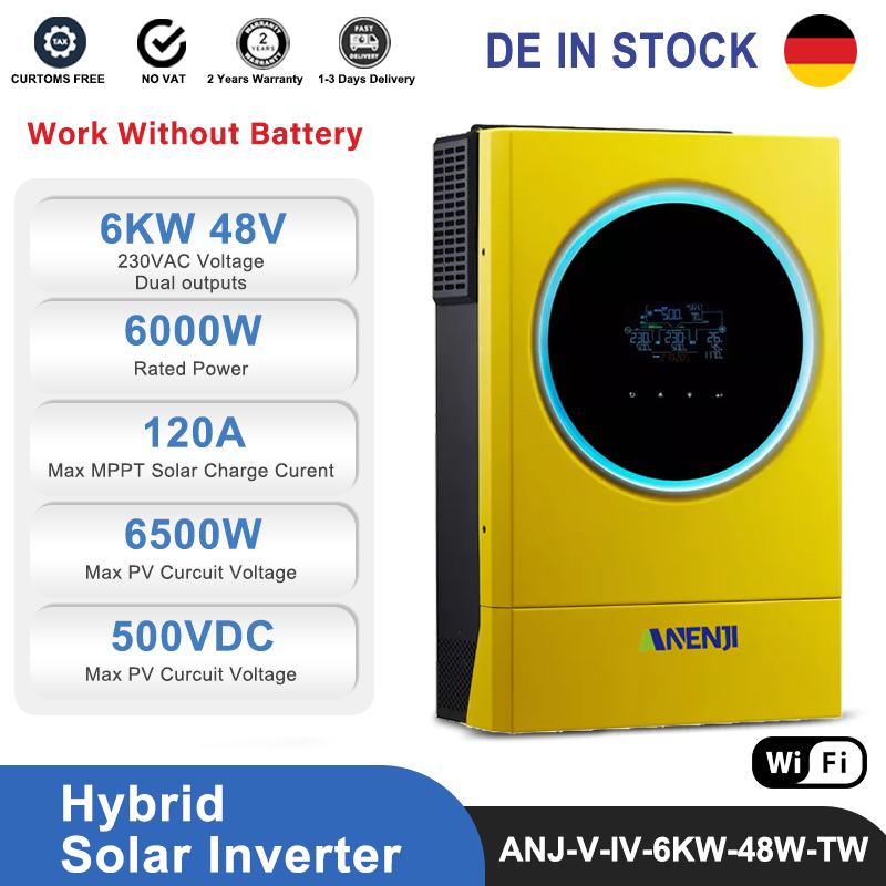 ANENJI 6KW Hybrid Solar Inverter 48V 220V Off Grid Tie Purse Sine Wave Dual Inverter Built-in 120A MPPT Solar Charger LED Ring Light