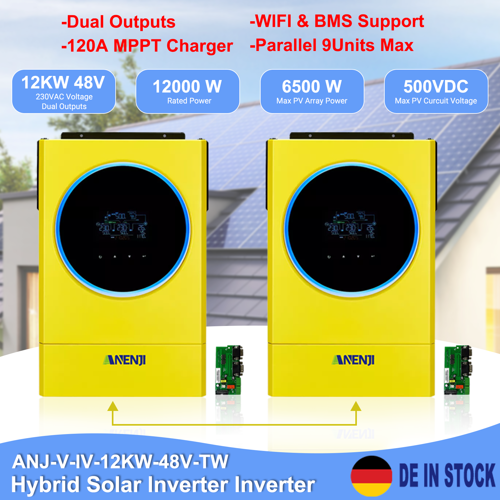 ANENJI 12KW Hybrid Solar Inverter 48V 220V Off Grid Tie Purse Sine Wave Dual Inverter Built-in 120A MPPT Solar Charger LED Ring Light