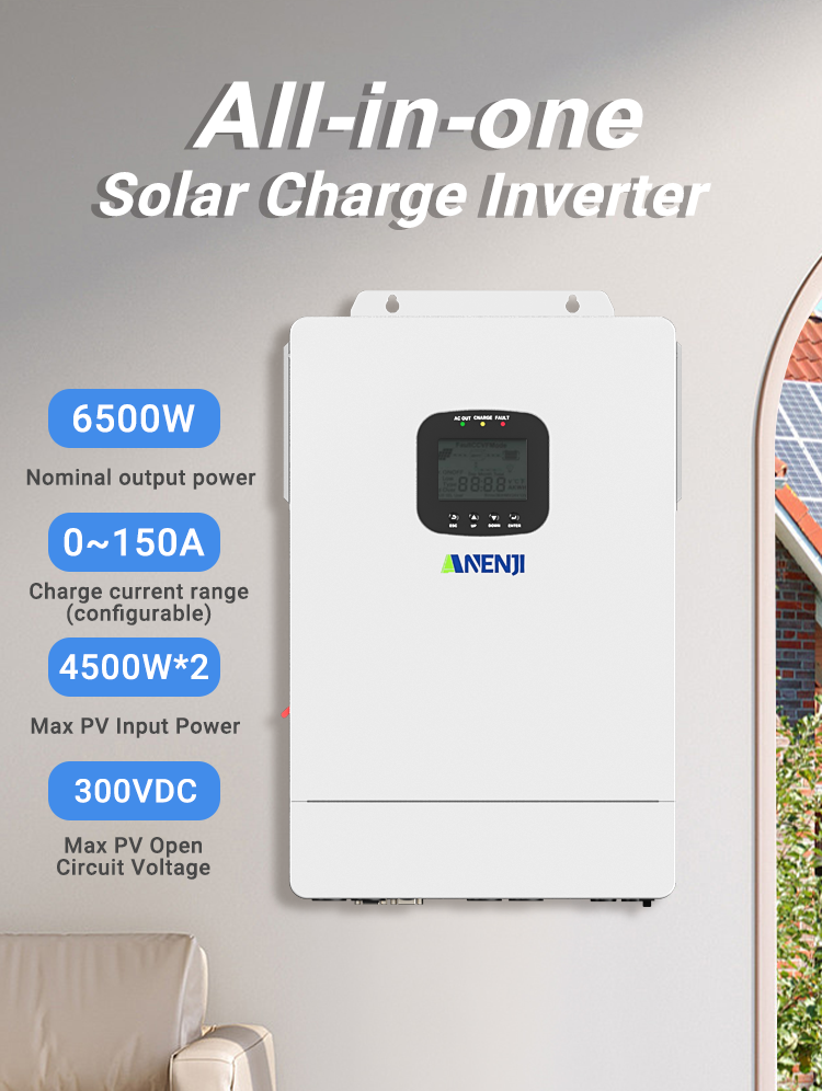 ANENJI 6.5KW 48V Hybrid Solar Inverter 110V Pure Sine Photovoltaic On Grid Off Grid Inversor PV 300V 150A MPPT Solar Charge Controller