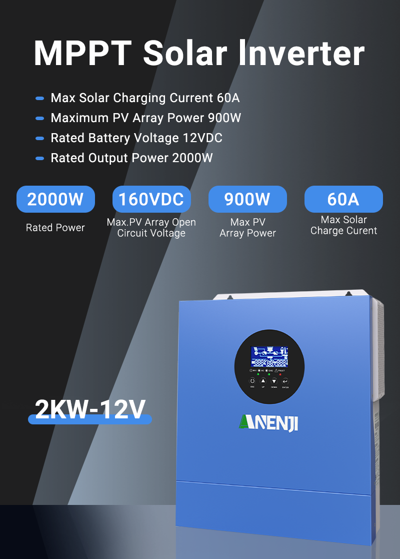 UK WAREHOUSE--ANENJI 2000W 12V MPPT Solar Inverter off-grid hybrid Pure sine wave with WIFI 230VAC Capacity 2KVA 160VDC 