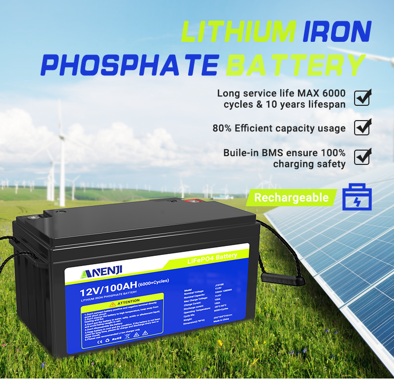 ANENJI 12V 100Ah 1280WH LiFePO4 Battery RV Boot Solar Golf Cart Battery Built-in BMS Grade Lithium Iron Phosphate Off-Road Off-grid