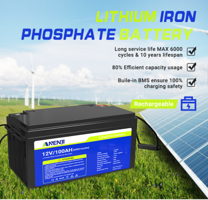ANENJI 12V 100Ah 1280WH LiFePO4 Battery RV Boot Solar Golf Cart Battery Built-in BMS Grade Lithium Iron Phosphate Off-Road Off-grid