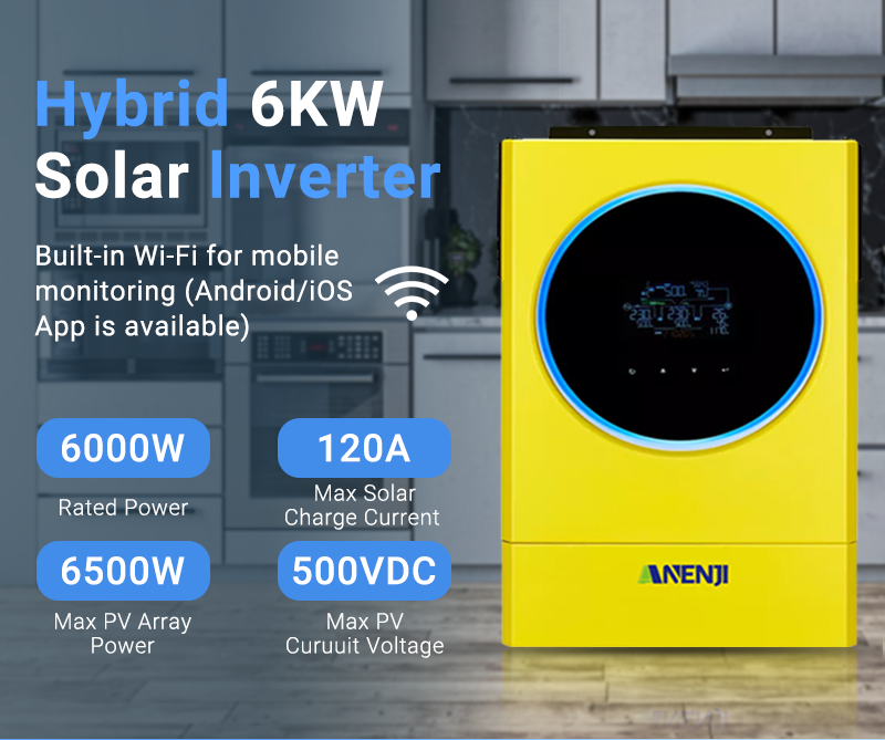 ANENJI 6KW Hybrid Solar Inverter 48V 220V Off Grid Tie Purse Sine Wave Dual Inverter Built-in 120A MPPT Solar Charger LED Ring Light