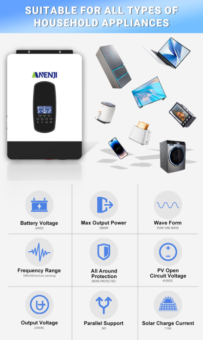 ANENJI 4.2KVA 3800W Hybrid Solar Inverter 24V 220V Photovoltaic Inverter Pure Sine Wave Inversor Off Grid Tie 110A MPPT Soalr Charge Controller