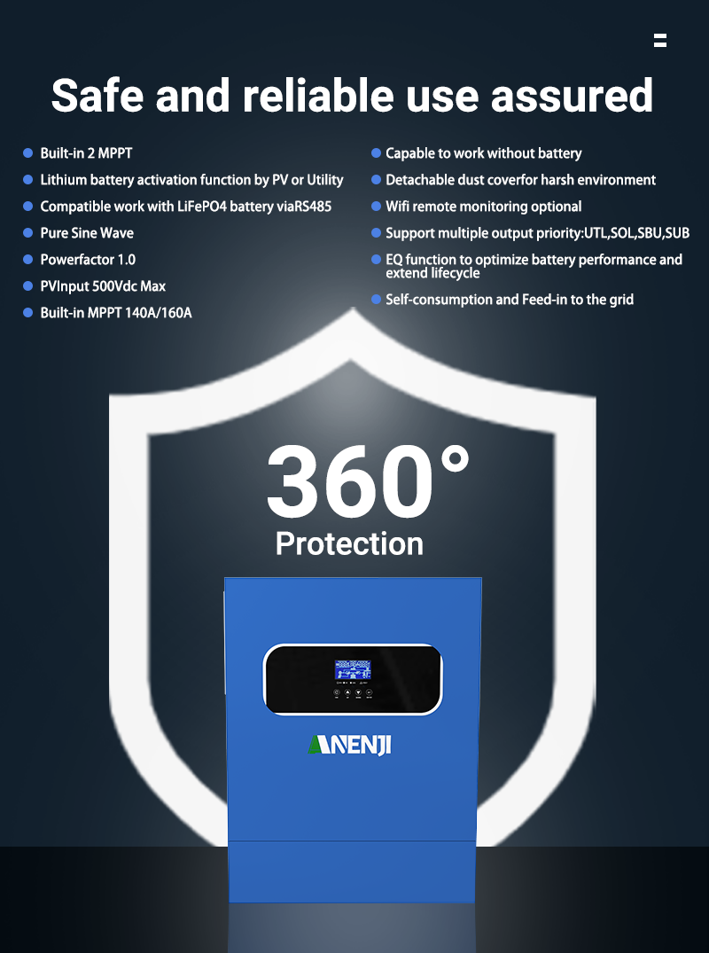 UK WAREHOUSE--ANENJI 11KW Hybrid Solar Inverter 48V 230VAC Photovoltaic Inverter Off Grid Tie Built in 160A Dual MPPT Solar Charge Controller PV 500V