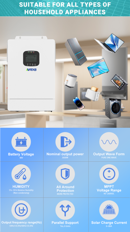 USA WAREHOUSE--ANENJI 3.6KW 48V Hybrid Solar Inverter 110V Pure Sine Photovoltaic On Grid Off Grid Inversor PV 300V 80A MPPT Solar Charge Controller