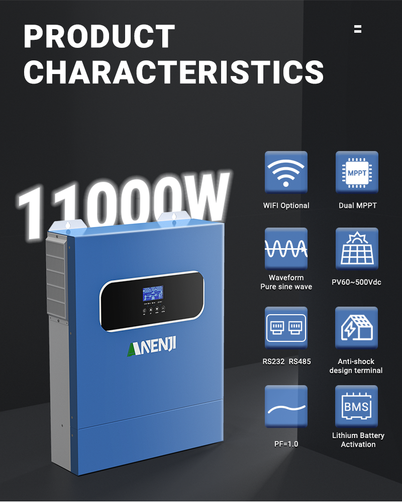 UK WAREHOUSE--ANENJI 11KW Hybrid Solar Inverter 48V 230VAC Photovoltaic Inverter Off Grid Tie Built in 160A Dual MPPT Solar Charge Controller PV 500V
