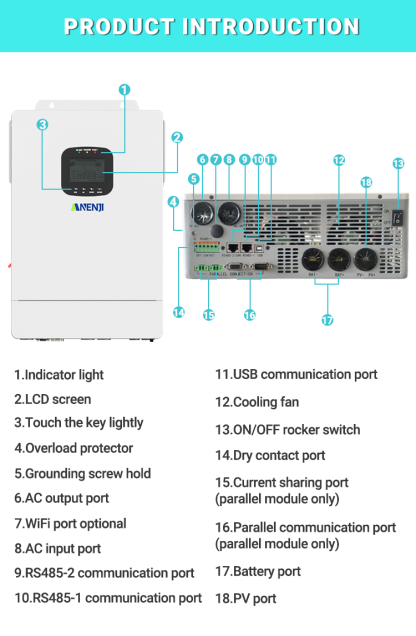 ANENJI 3.6KW 48V Hybrid Solar Inverter 110V Pure Sine Photovoltaic On Grid Off Grid Inversor PV 300V 80A MPPT Solar Charge Controller