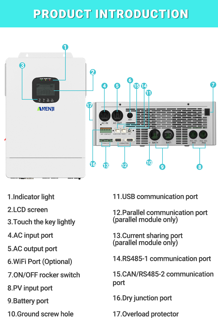 ANENJI 6.5KW 48V Hybrid Solar Inverter 110V Pure Sine Photovoltaic On Grid Off Grid Inversor PV 300V 150A MPPT Solar Charge Controller