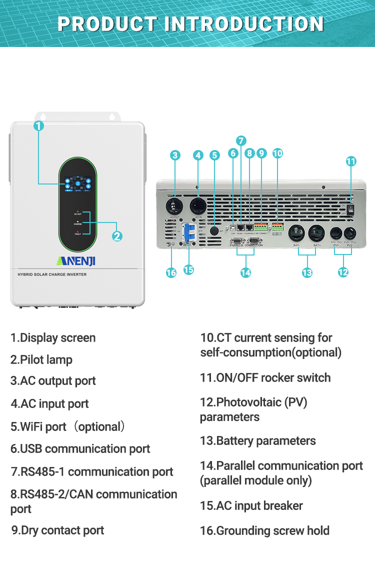 ANENJI 12KW 48V Hybrid Solar Inverter 110V Pure Sine Photovoltaic On Grid Off Grid Inversor PV 500Vdc 220A MPPT Solar Charge Controller
