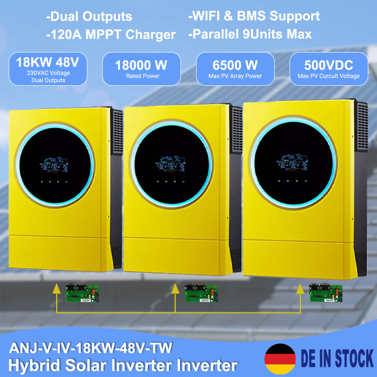 ANENJI 18KW Hybrid Solar Inverter 48V 220V Off Grid Tie Purse Sine Wave Dual Inverter Built-in 120A MPPT Solar Charger LED Ring Light support 3-phase