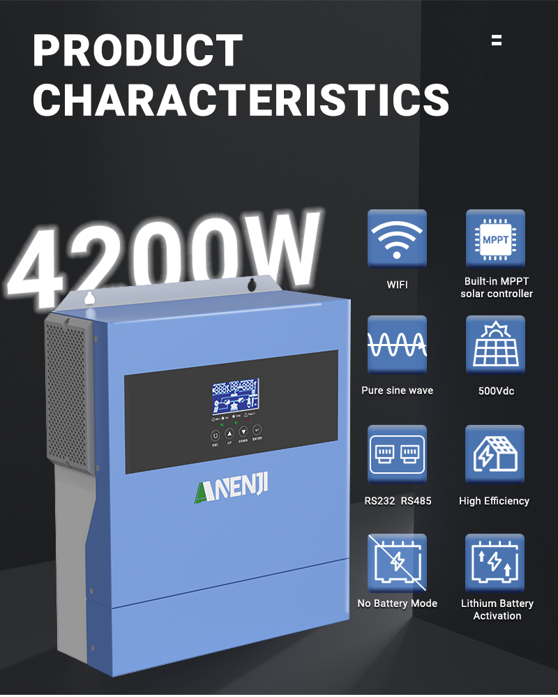 Ukraine Delivery Directly----ANENJI 4200W MPPT Hybrid Solar Inverter 4.2KW 24V On/Off Grid Photovoltaic Inverter 230VAC 100A Solar Charge Controller for PV 60-500V