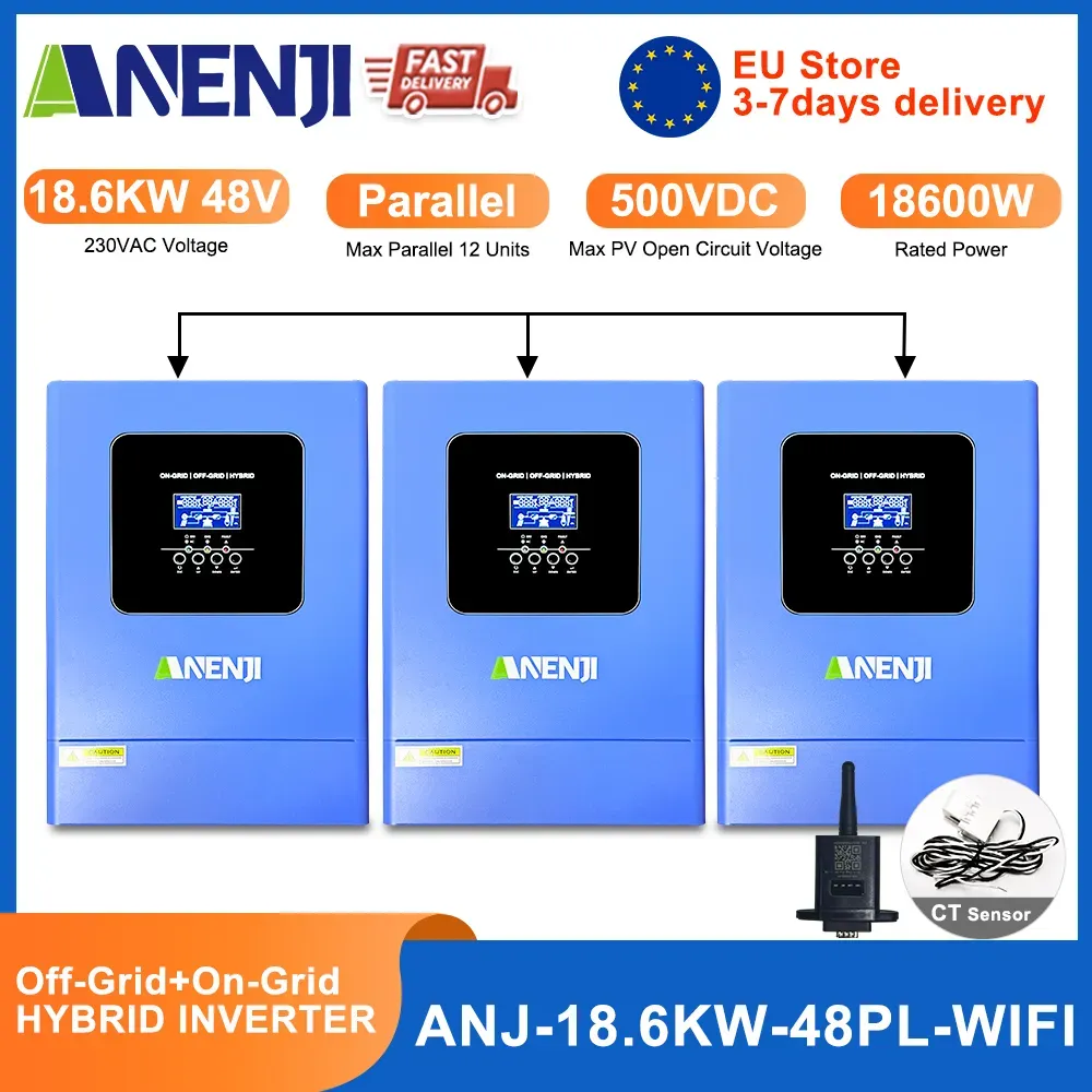 ANENJI 18.6KW Hybrid Solar Inverter 48V 230VAC Photovoltaic Parallel 3-Phase Inverter Off Grid Tie Built in 120A MPPT Solar Charge Controller PV 500V