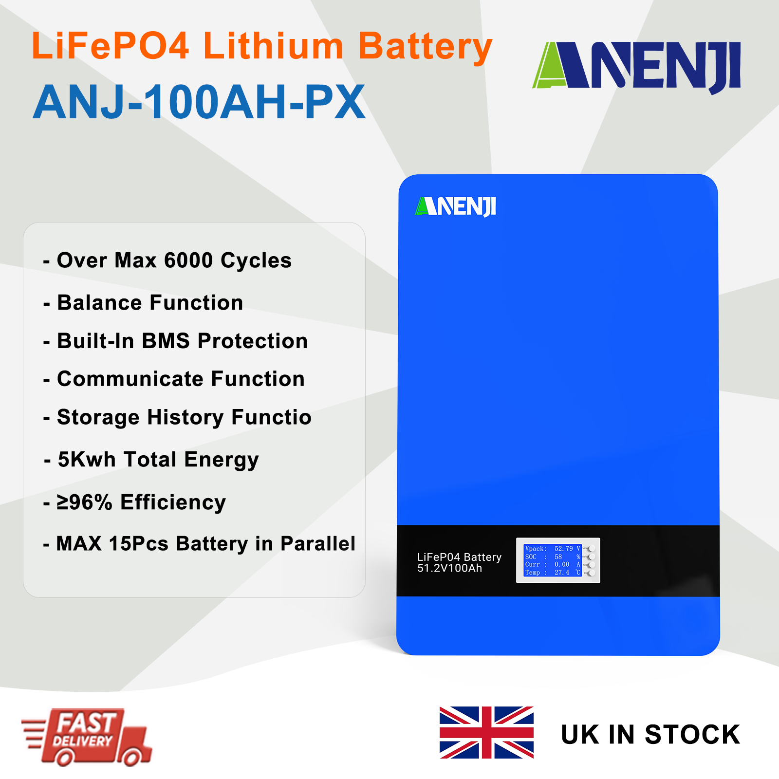 UK WAREHOUSE--ANENJI 51.2V 100Ah Powerwall 5KWh LiFePO4Wall-Mounted Battery Built-in 16S 100A BMS CAN RS485 6000+ Cycle for Solar Planes Off/On Grid for Home