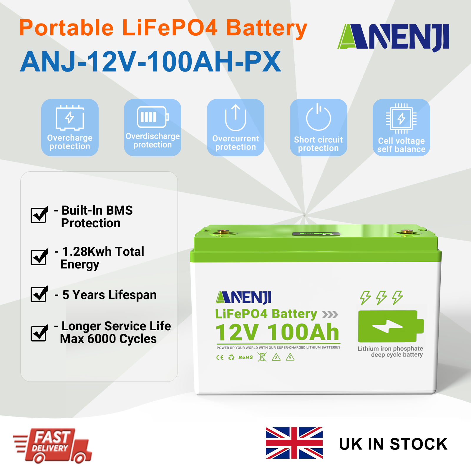 UK WAREHOUSE---ANENJI 12V 100Ah 1280WH LiFePO4 Battery RV Boot Solar Golf Cart Battery Built-in BMS Grade Lithium Iron Phosphate Off-Road Off-grid