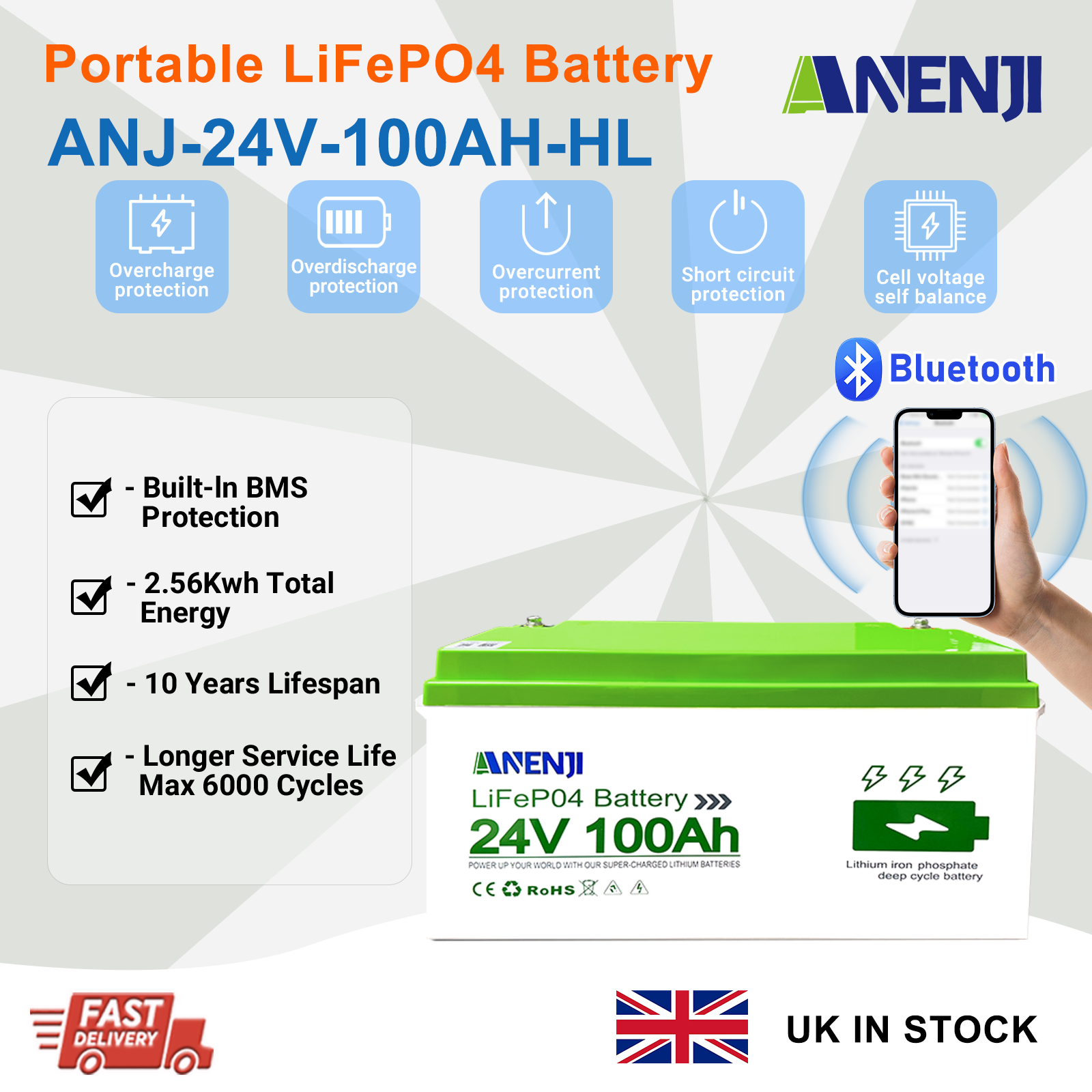 UK WAREHOUSE---ANENJI 24V 100Ah 2560WH LiFePO4 Battery RV Boot Solar Golf Cart Battery Built-in BMS Grade Lithium Iron Phosphate Off-Road Off-grid