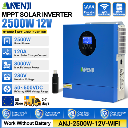 ANENJI 2500W 12V MPPT Solar Inverter 120A off-grid hybrid Pure sine wave with WIFI 230VAC Capacity 160VDC 