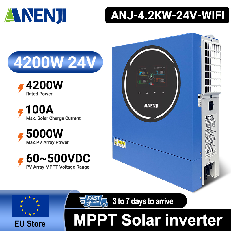 ANENJI 4200W 4.2KW MPPT Hybrid Solar Inverter 24V On/Off Grid Dual Output Inverter 230VAC 100A Solar Charge Controller for PV 60-500V