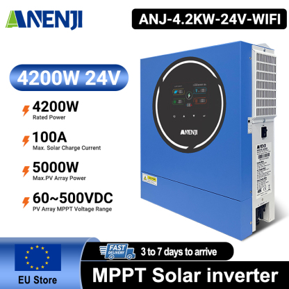 ANENJI 4200W 4.2KW MPPT Hybrid Solar Inverter 24V On/Off Grid Dual Output Inverter 230VAC 100A Solar Charge Controller for PV 60-500V