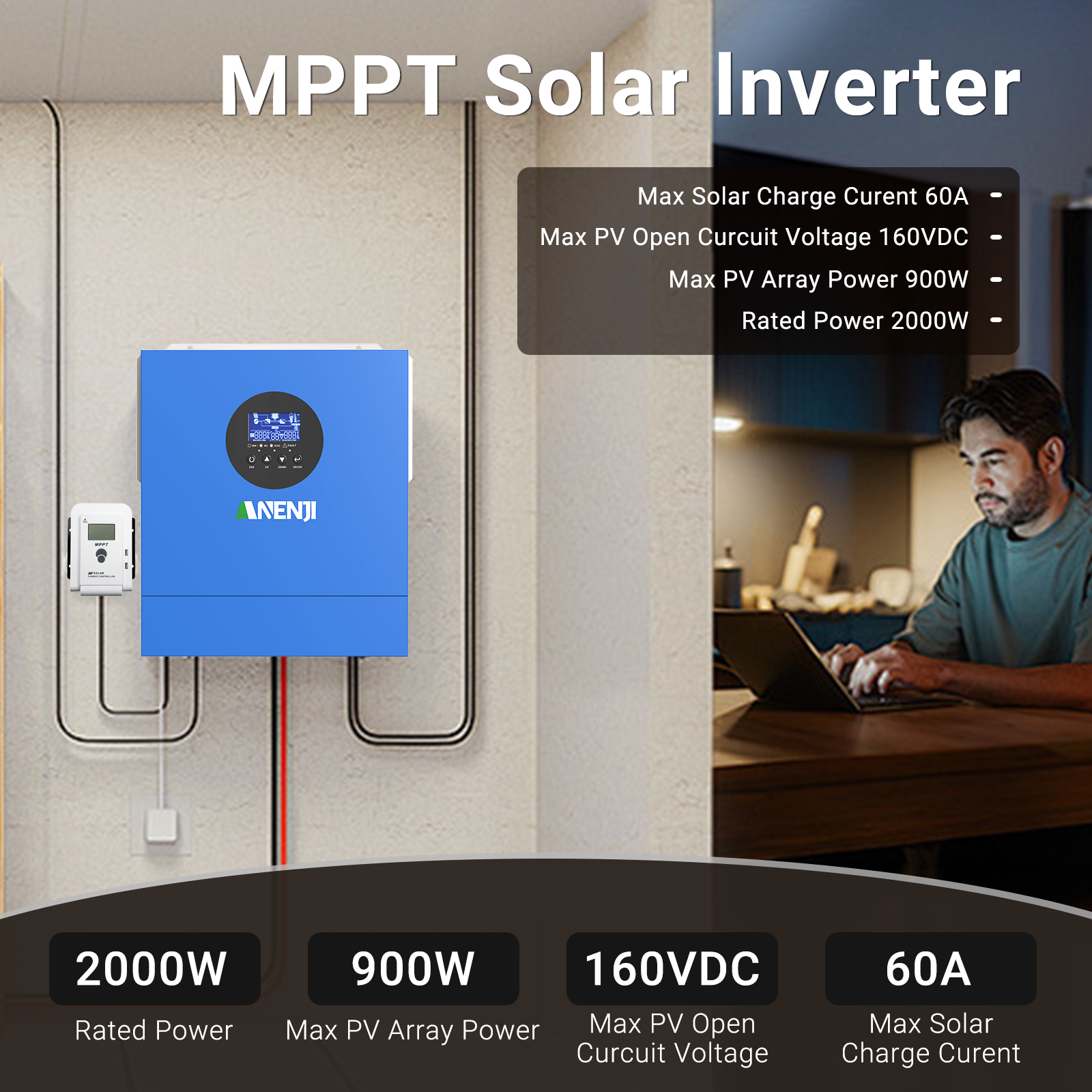 ANENJI 2000W 12V MPPT Solar Inverter off-grid hybrid Pure sine wave with WIFI 230VAC Capacity 2KVA 160VDC 