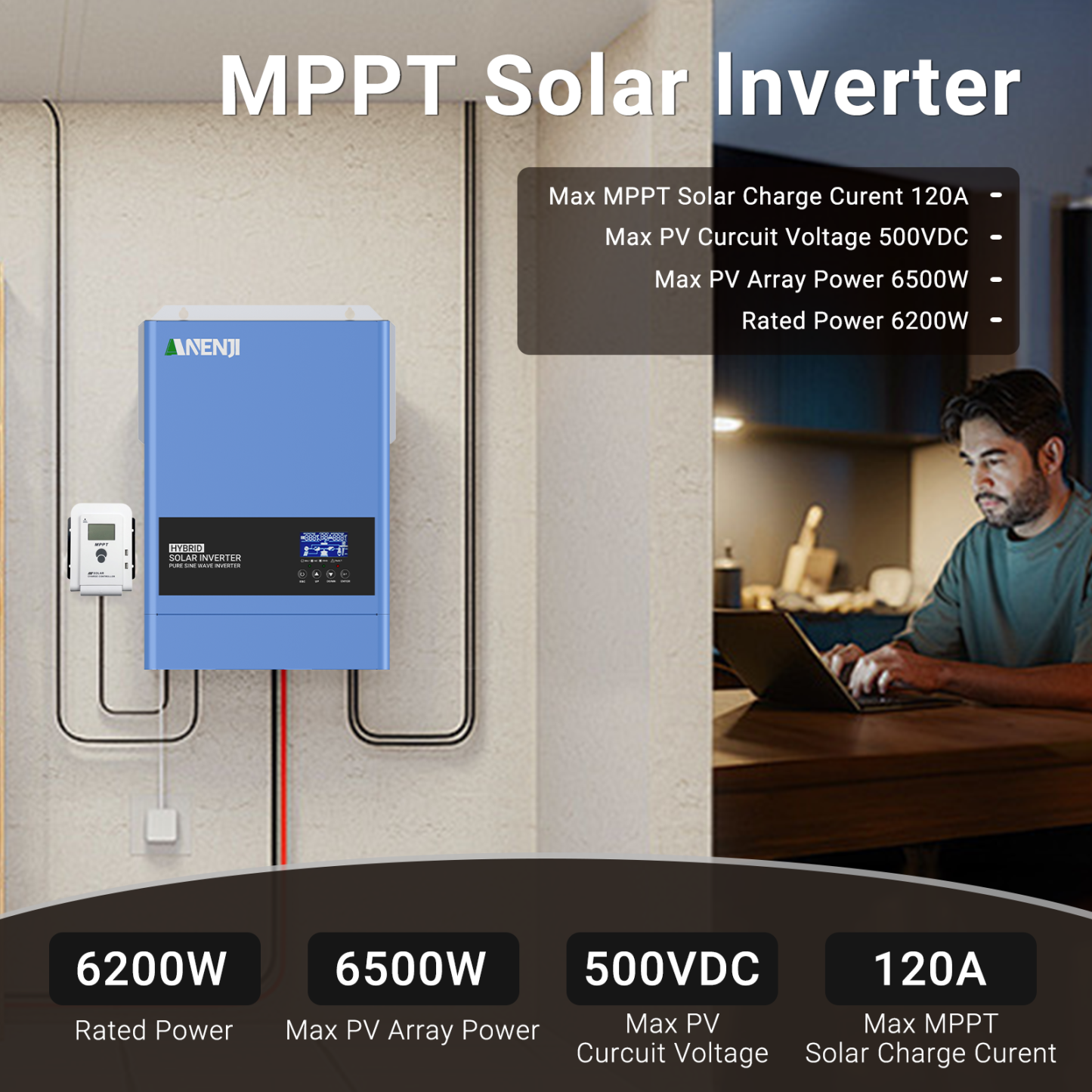 6.2KW 48V Hybrid Solar Inverter 230V MPPT On Grid Off Grid Solar Inverter Pure Sine 120A Solar Charge Controller for PV Panels