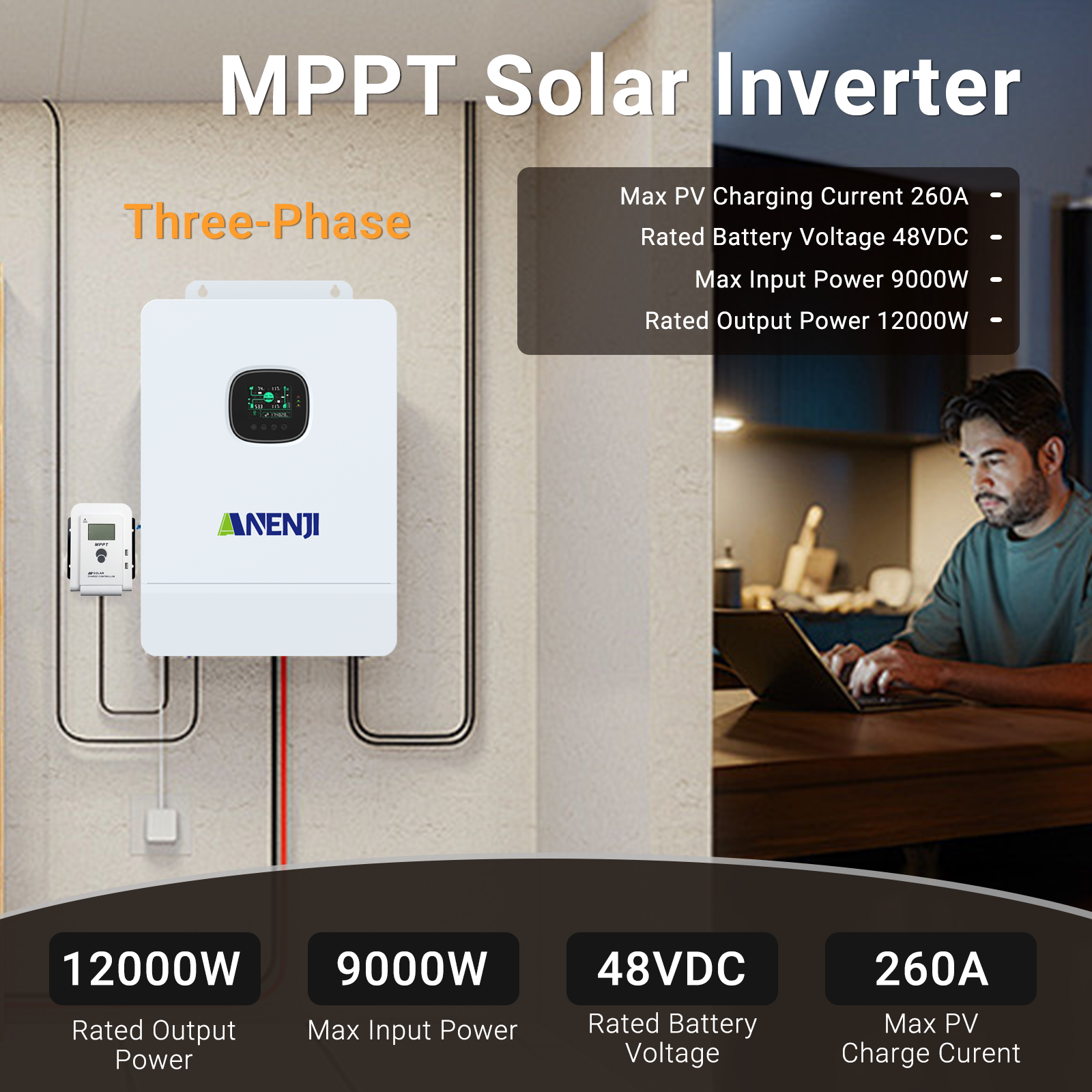 ANENJI 12KW-36KW 48V 3-Phase Off-Grid Solar Inverter 2*MPPT Max. Parallel 6 units