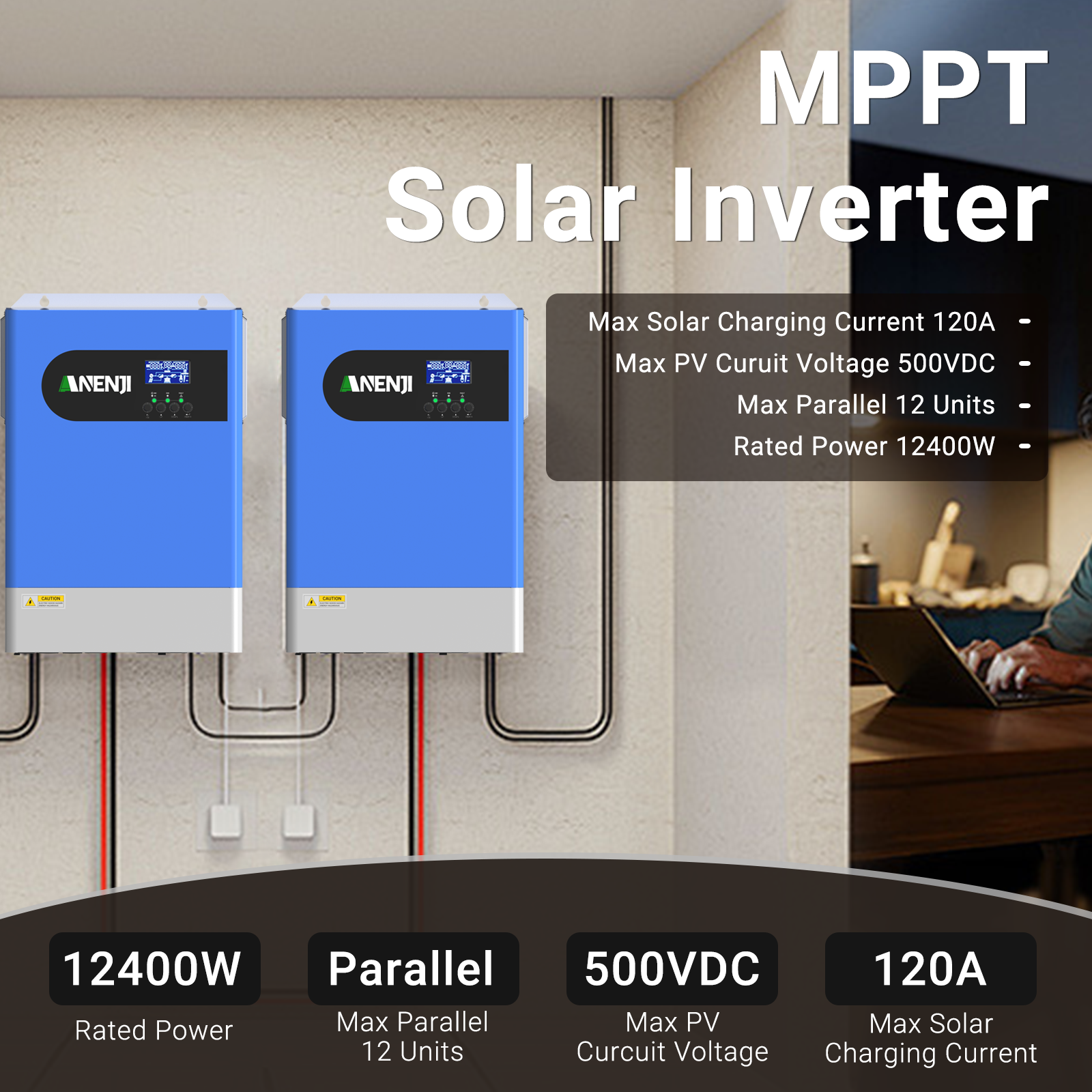ANENJI 12.4KW Parallel Hybrid Solar Inverter 48V MPPT Inverter 230VAC Pure Sine wave 120A Solar Charger RS485/232 with wifi PV 60-500VDC