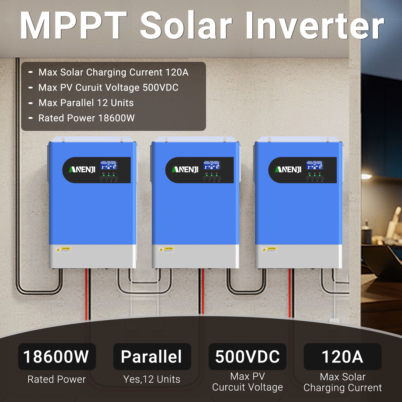 ANENJI 18.6KW Hybrid Solar Inverter Parallel 48V 230VAC 1/3 Phase Pure Sine Wave MPPT 120A Solar Charger PV 500VDC with WIFI for Home