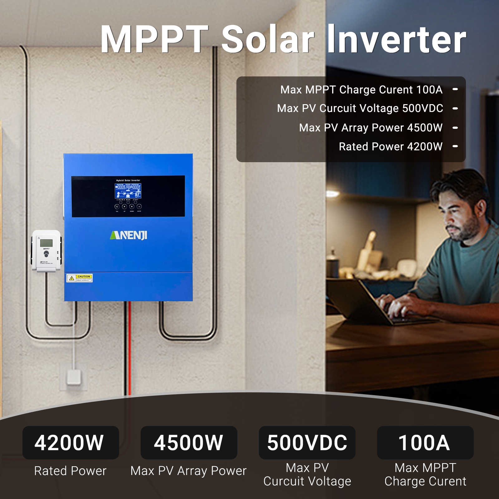 UK WAREHOUSE--ANENJI 4200W MPPT Hybrid Solar Inverter 4.2KW 24V On/Off Grid Photovoltaic Inverter 230VAC 100A Solar Charge Controller for PV 60-500V