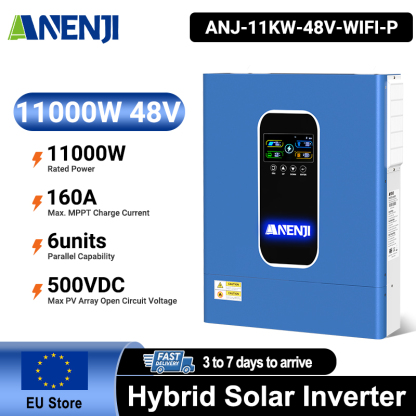 ANENJI 11KW 48V MPPT Hybrid Solar Inverter 230VAC Hybrid Grid Off-grid+ On-grid 160A Dual MPPT Charger 500Vdc 48Vdc WIFI BMS Support Pure Sine Wave and Parallel Function for  6 unit Max