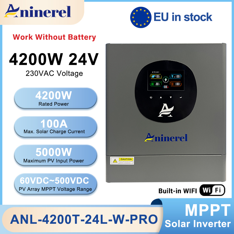 Aninerel 4200W 4.2KW MPPT Hybrid Solar Inverter 24V On/Off Grid Dual Output Inverter 230VAC 100A Solar Charge Controller for PV 60-500V