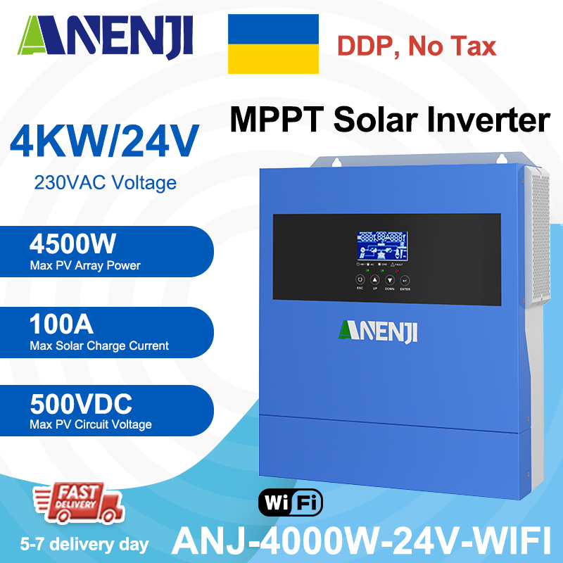 Ukraine DDP----ANENJI 4200W MPPT Hybrid Solar Inverter 4.2KW 24V On/Off Grid Photovoltaic Inverter 230VAC 100A Solar Charge Controller for PV 60-500V