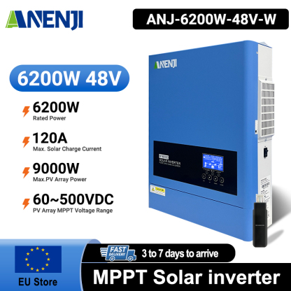 ANENJI 6.2KW 48V Hybrid Solar Inverter 230V MPPT On Grid Off Grid Solar Inverter Pure Sine 120A Solar Charge Controller for PV Panels