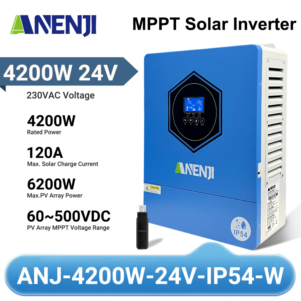 ANENJI 4200W 4.2KW MPPT Hybrid Solar Inverter 24V On/Off Grid Dual Output Inverter 230VAC 120A Solar Charge Controller for PV 60-500V with IP54