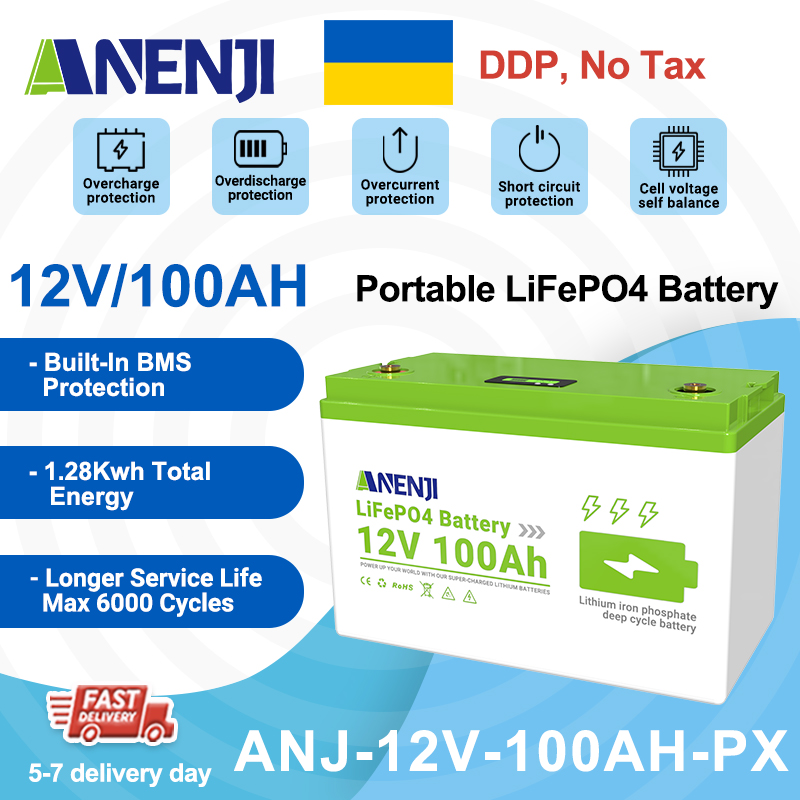 Ukraine Delivery Directly----ANENJI 12V 100Ah 1280WH LiFePO4 Battery RV Boot Solar Golf Cart Battery Built-in BMS Grade Lithium Iron Phosphate Off-Road Off-grid