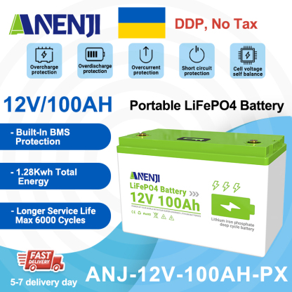 Ukraine Delivery Directly----ANENJI 12V 100Ah 1280WH LiFePO4 Battery RV Boot Solar Golf Cart Battery Built-in BMS Grade Lithium Iron Phosphate Off-Road Off-grid