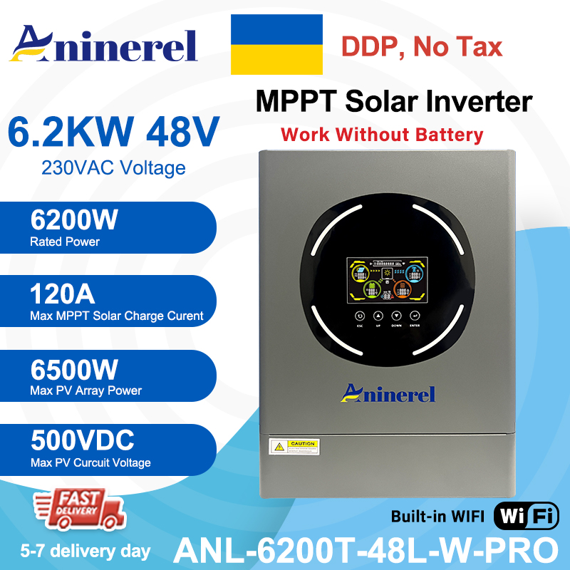 Ukraine DDP----Aninerel 6.2KW 6200W MPPT Hybrid Solar Inverter 48V On/Off Grid Dual Output Inverter 230VAC 120A Solar Charge Controller for PV 60-500V