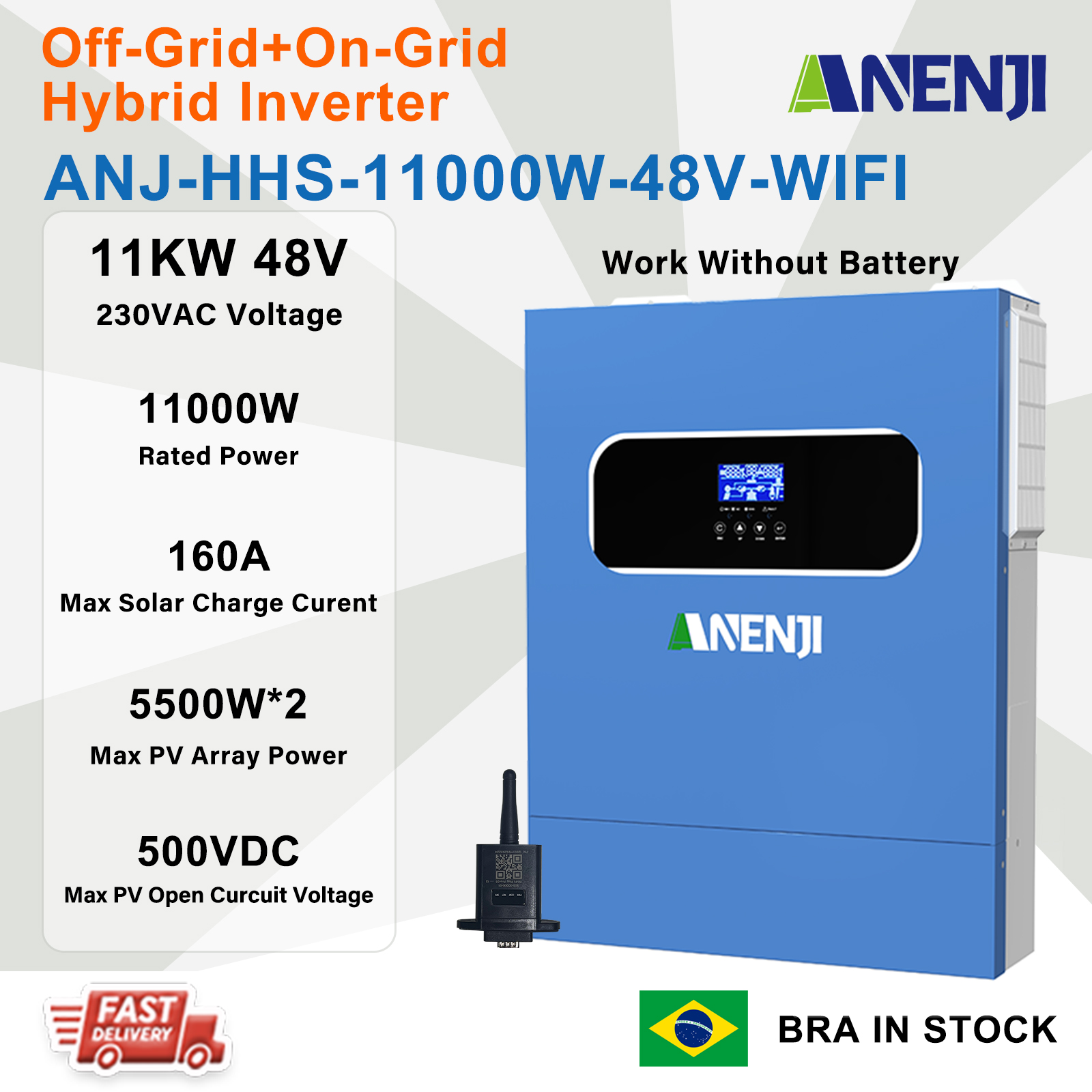ANENJI 11KW Hybrid Solar Inverter 48V 230VAC Photovoltaic Inverter Off Grid Tie Built in 160A Dual MPPT Solar Charge Controller PV 500V