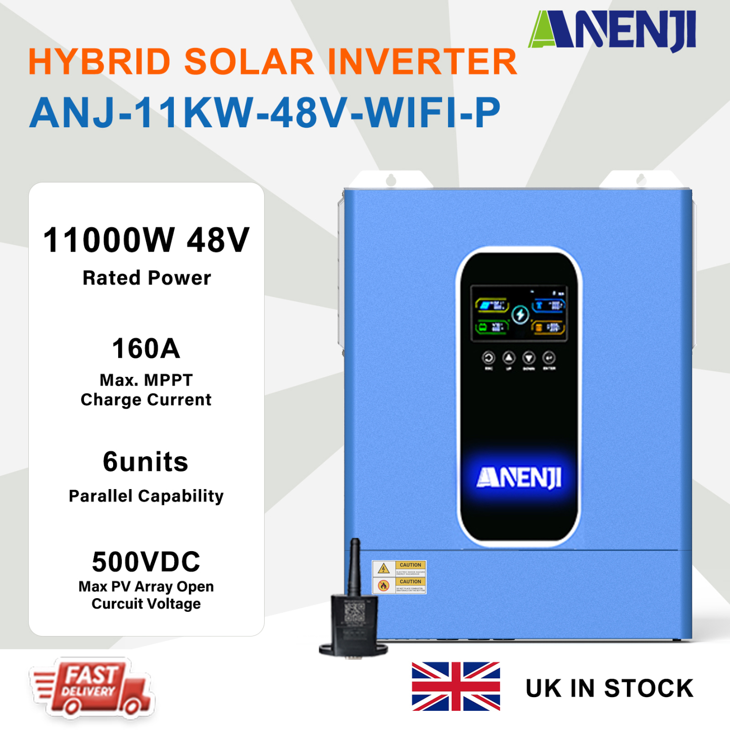 UK WAREHOUSE--ANENJI 11KW 48V MPPT Hybrid Solar Inverter 230VAC Hybrid Grid Off-grid+ On-grid 160A Dual MPPT Charger 500Vdc 48Vdc WIFI BMS Support Pure Sine Wave and Parallel Function for  6 unit Max