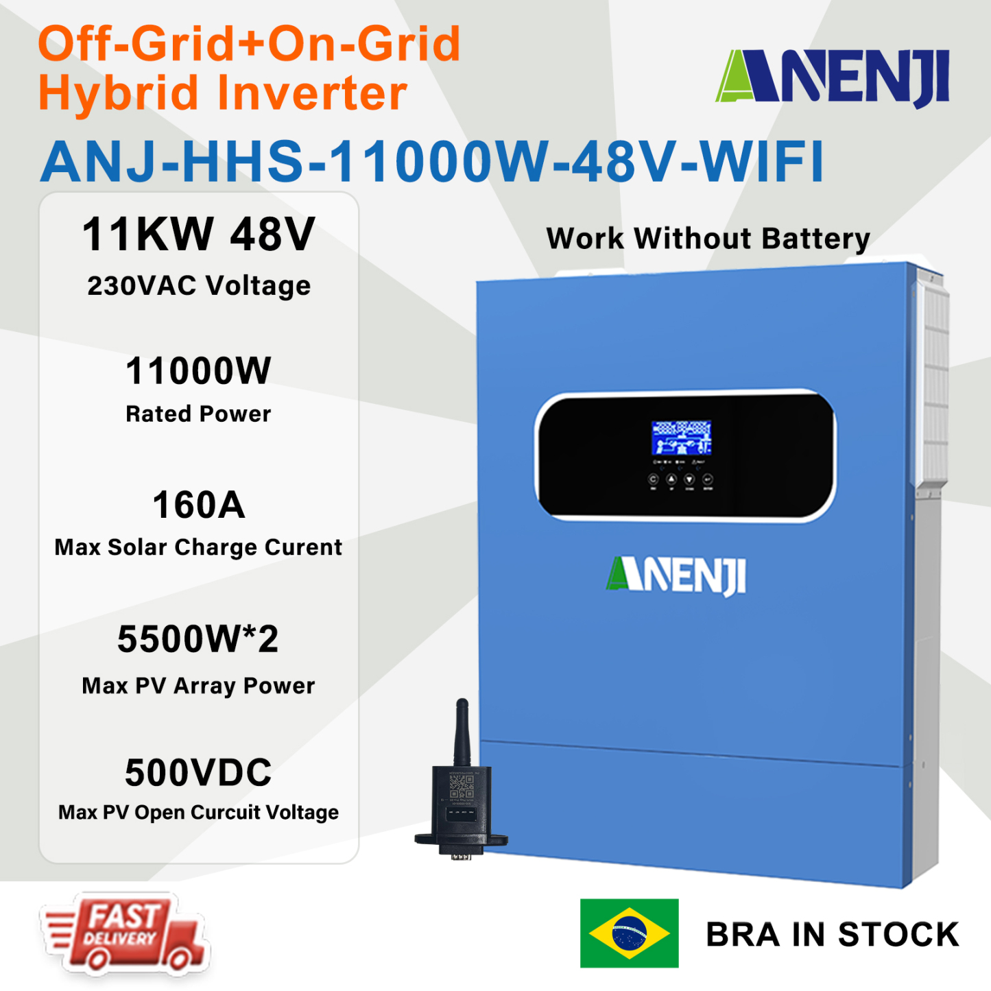 ANENJI 11KW Hybrid Solar Inverter 48V 230VAC Photovoltaic Inverter Off Grid Tie Built in 160A Dual MPPT Solar Charge Controller PV 500V