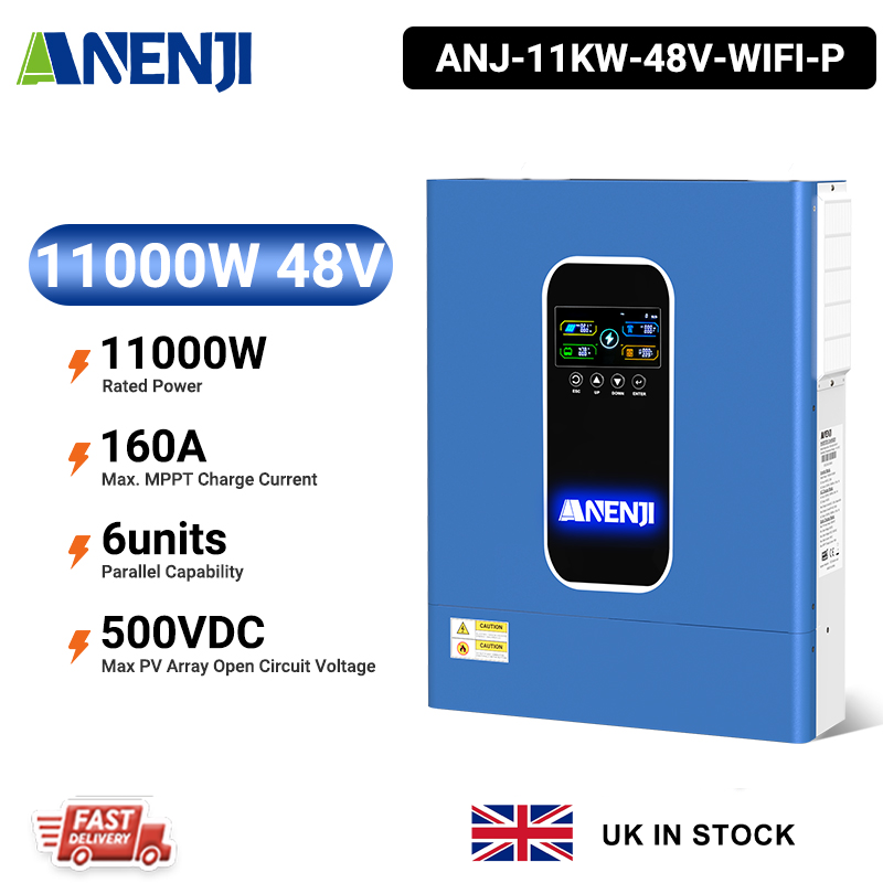 UK WAREHOUSE--ANENJI 11KW 48V MPPT Hybrid Solar Inverter 230VAC Hybrid Grid Off-grid+ On-grid 160A Dual MPPT Charger 500Vdc 48Vdc WIFI BMS Support Pure Sine Wave and Parallel Function for  6 unit Max