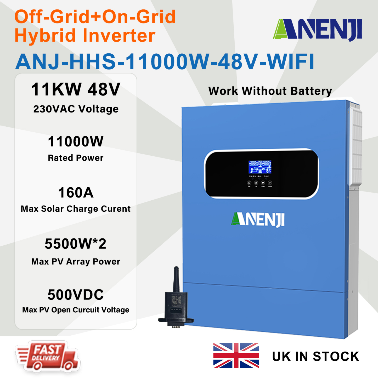UK WAREHOUSE--ANENJI 11KW Hybrid Solar Inverter 48V 230VAC Photovoltaic Inverter Off Grid Tie Built in 160A Dual MPPT Solar Charge Controller PV 500V